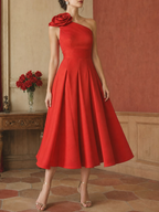 Red One-Shoulder 3D Rosette Cocktail Dress