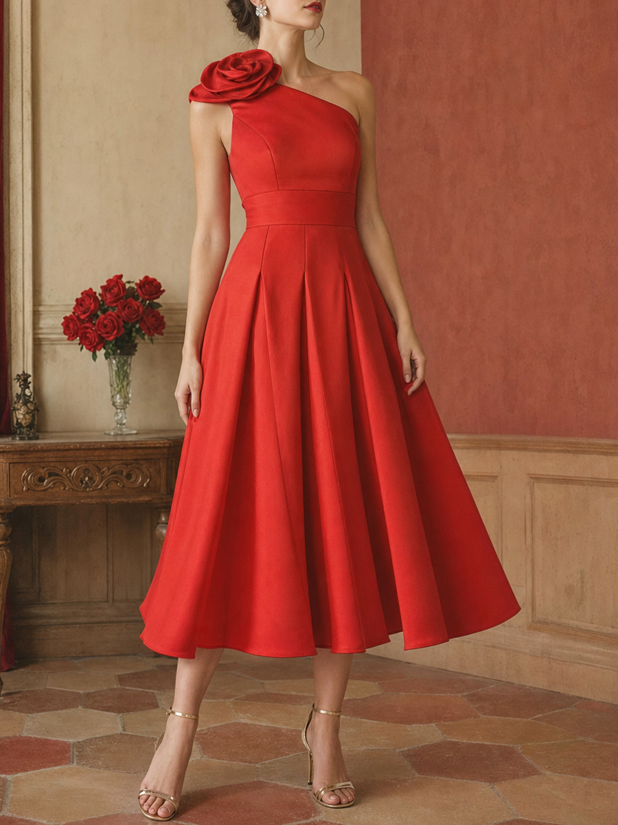 Red One-Shoulder 3D Rosette Cocktail Dress