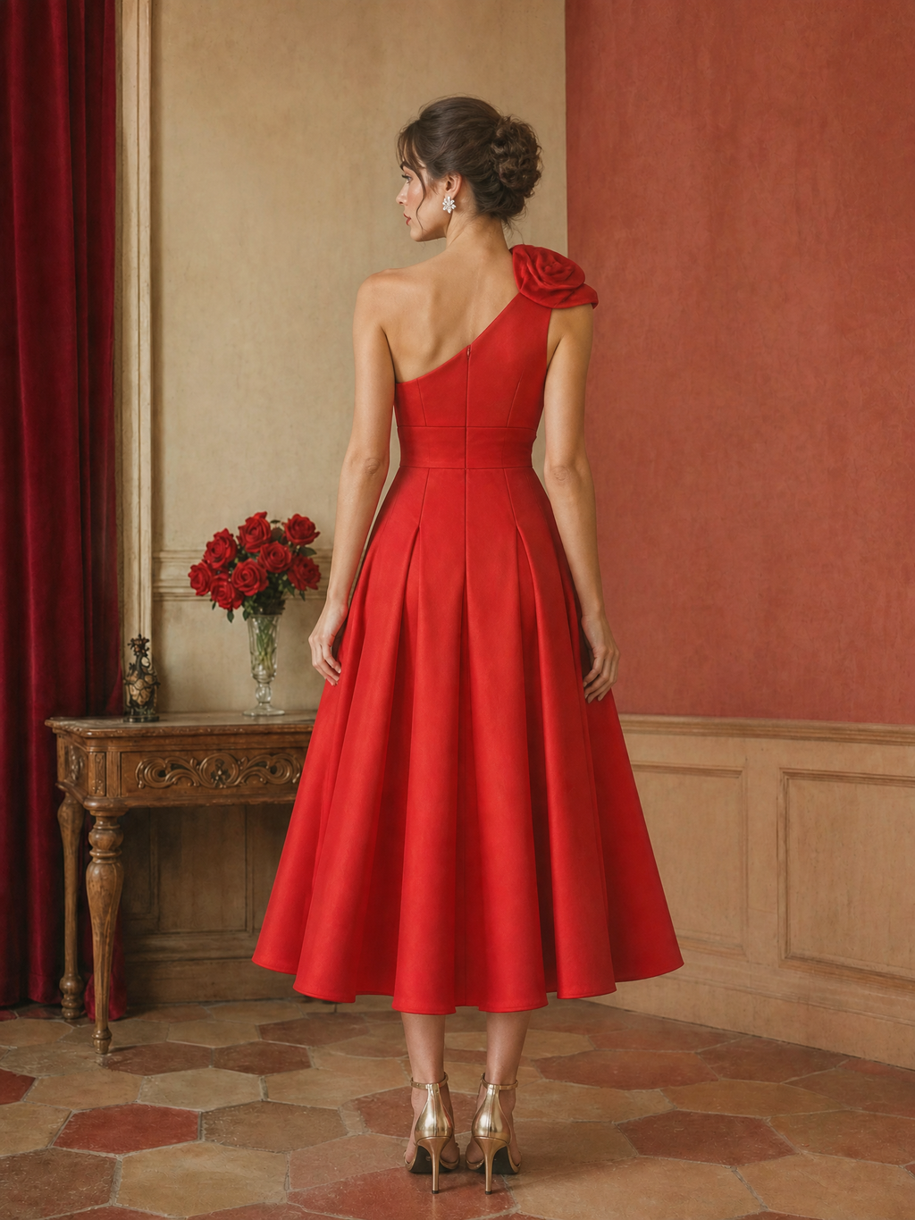 Red One-Shoulder 3D Rosette Cocktail Dress