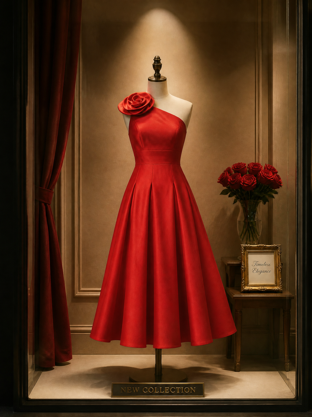 Red One-Shoulder 3D Rosette Cocktail Dress