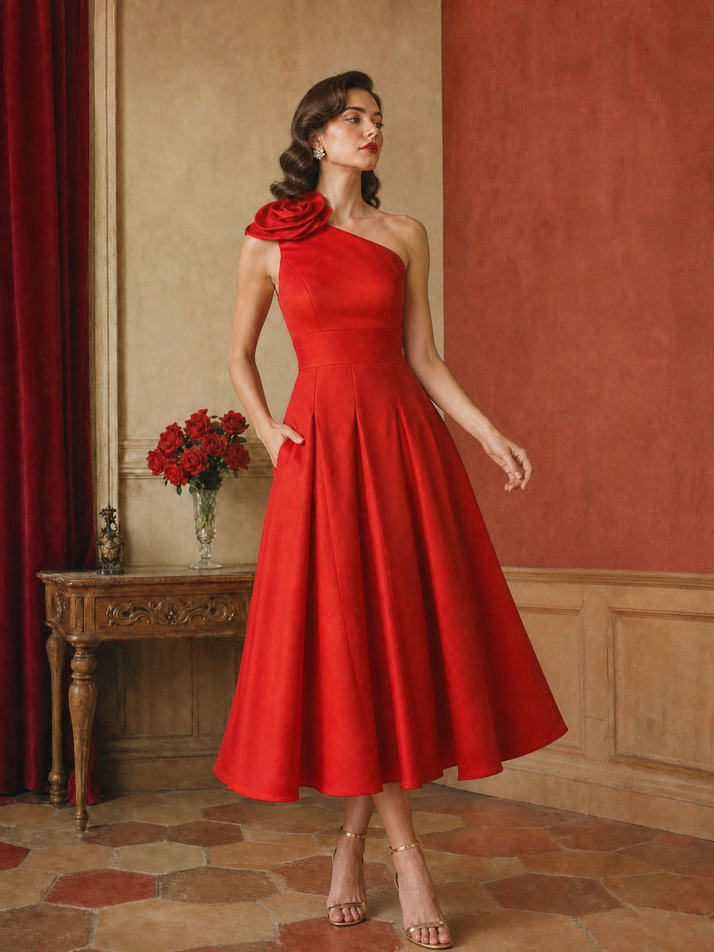 Red One-Shoulder 3D Rosette Cocktail Dress