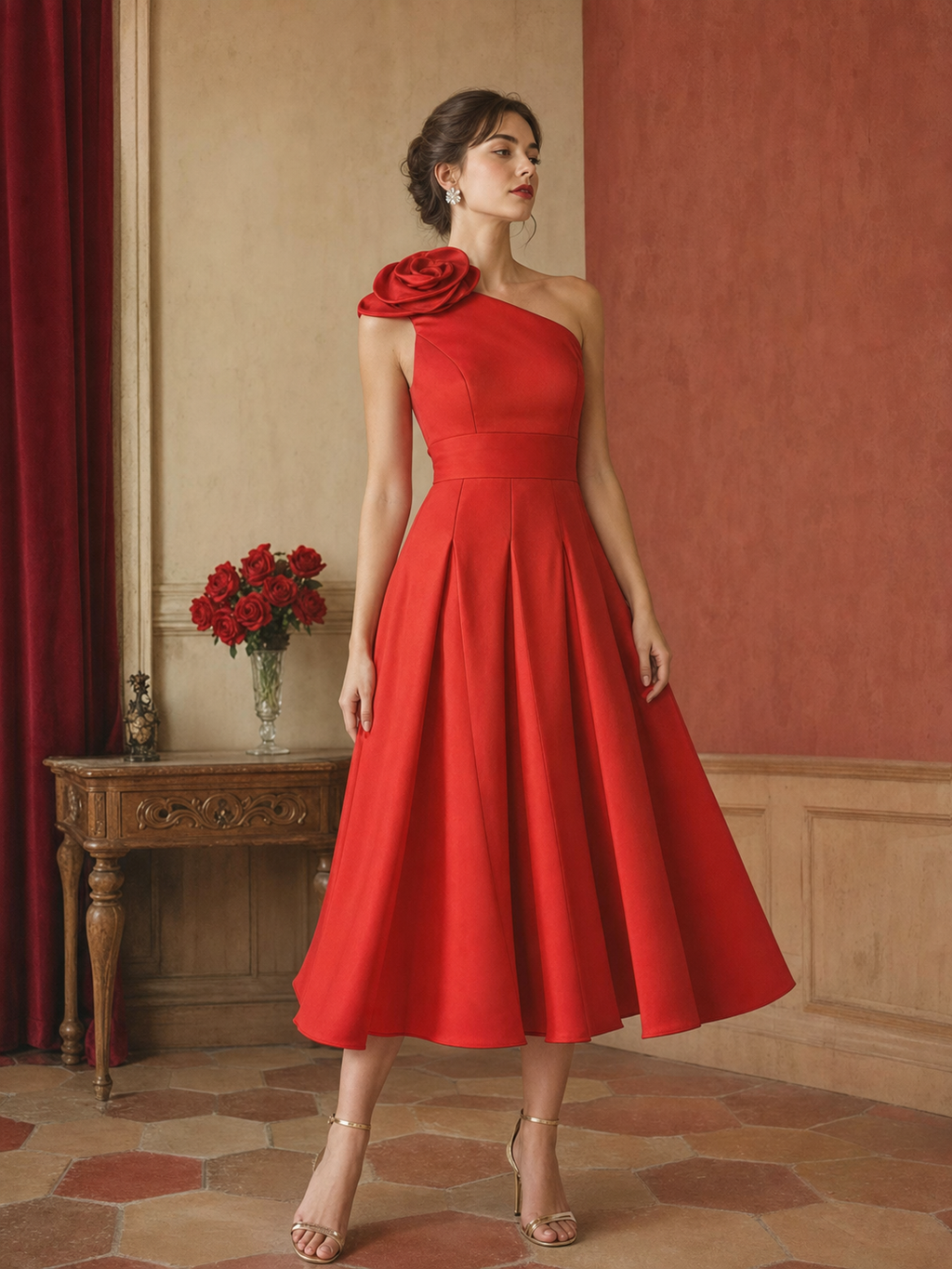 Red One-Shoulder 3D Rosette Cocktail Dress
