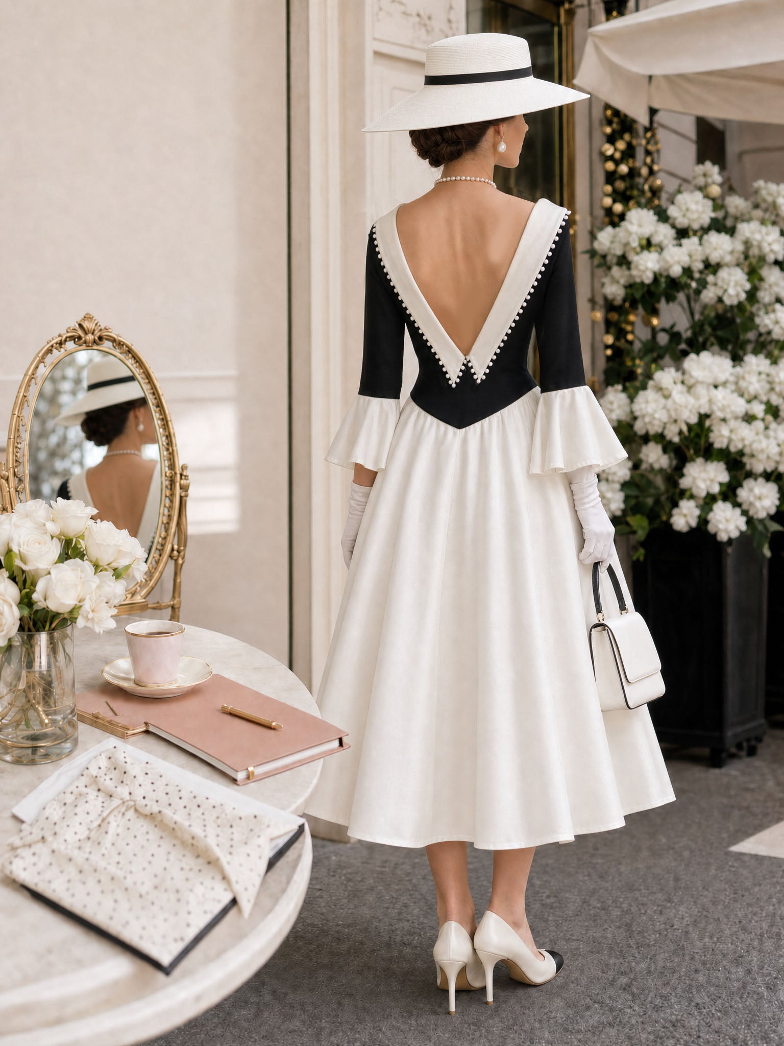 Vintage Colorblock Lapel Backless Midi Dress