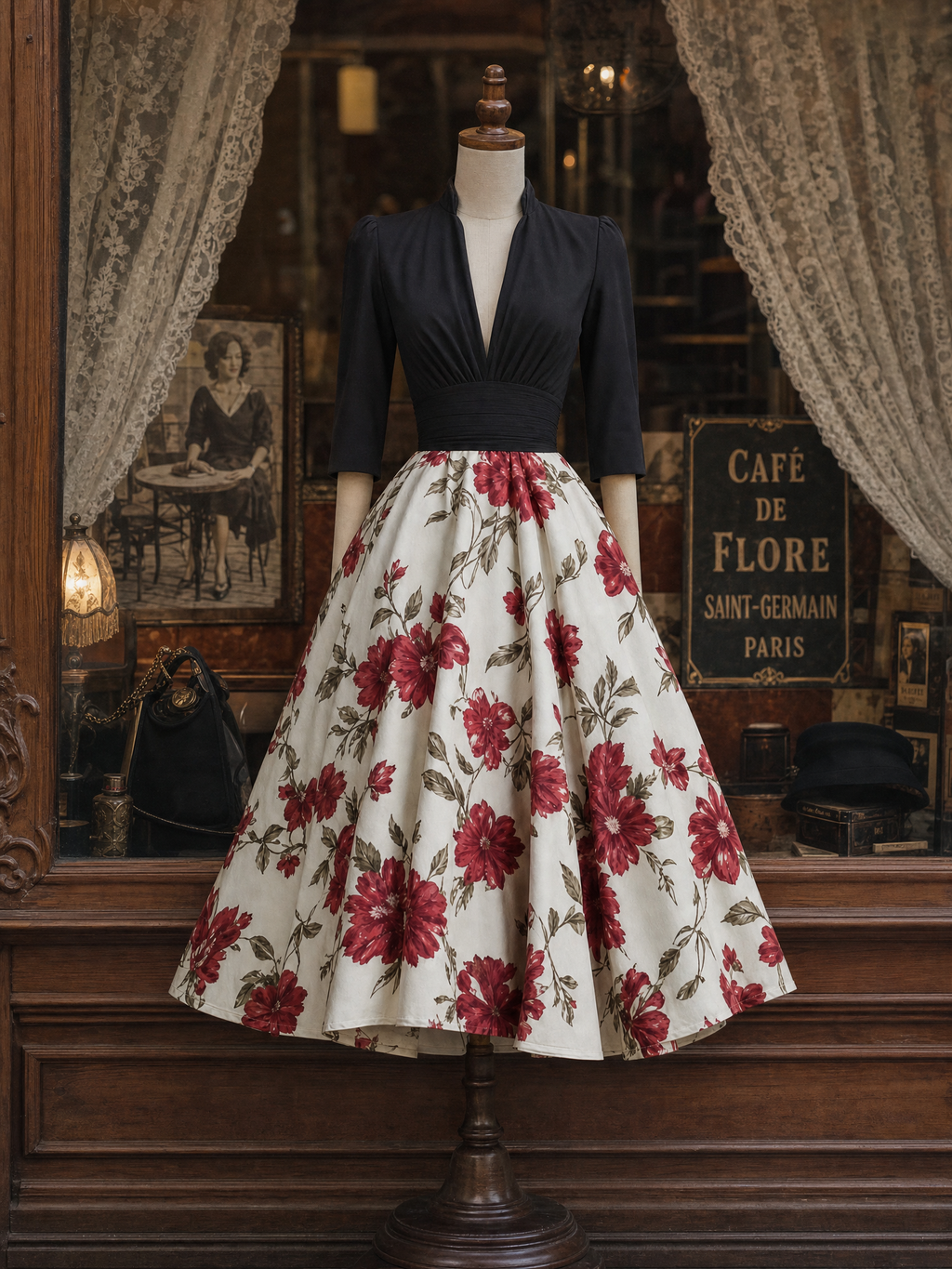 Vintage Floral Print Paneled V-Neck Maxi Dress