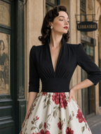 Vintage Floral Print Paneled V-Neck Maxi Dress