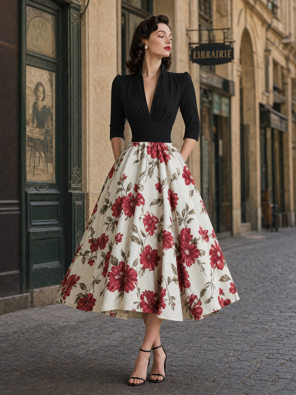 Vintage Floral Print Paneled V-Neck Maxi Dress