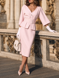 Vintage Pink V-Neck Peplum Top & Pencil Midi Skirt Sets