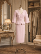 Vintage Pink V-Neck Peplum Top & Pencil Midi Skirt Sets
