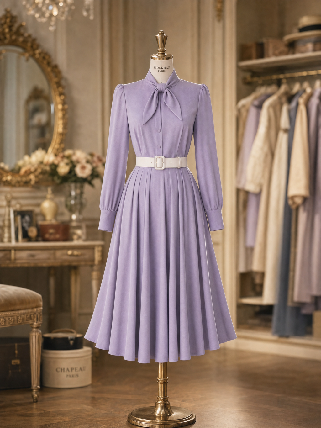 Vintage Lavender Bow Tie Neck Blouse & Full Midi Skirt