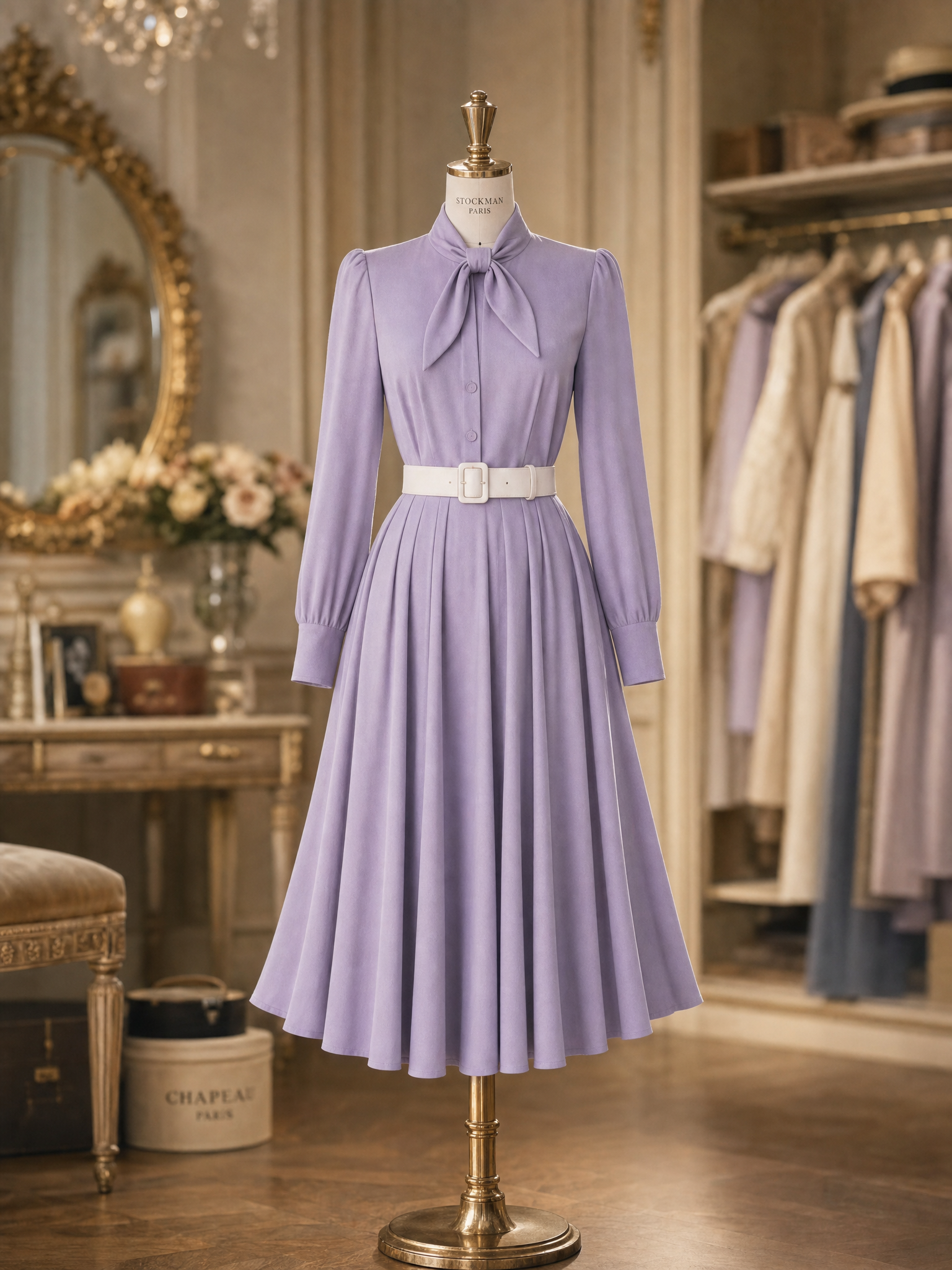Vintage Lavender Bow Tie Neck Blouse & Full Midi Skirt