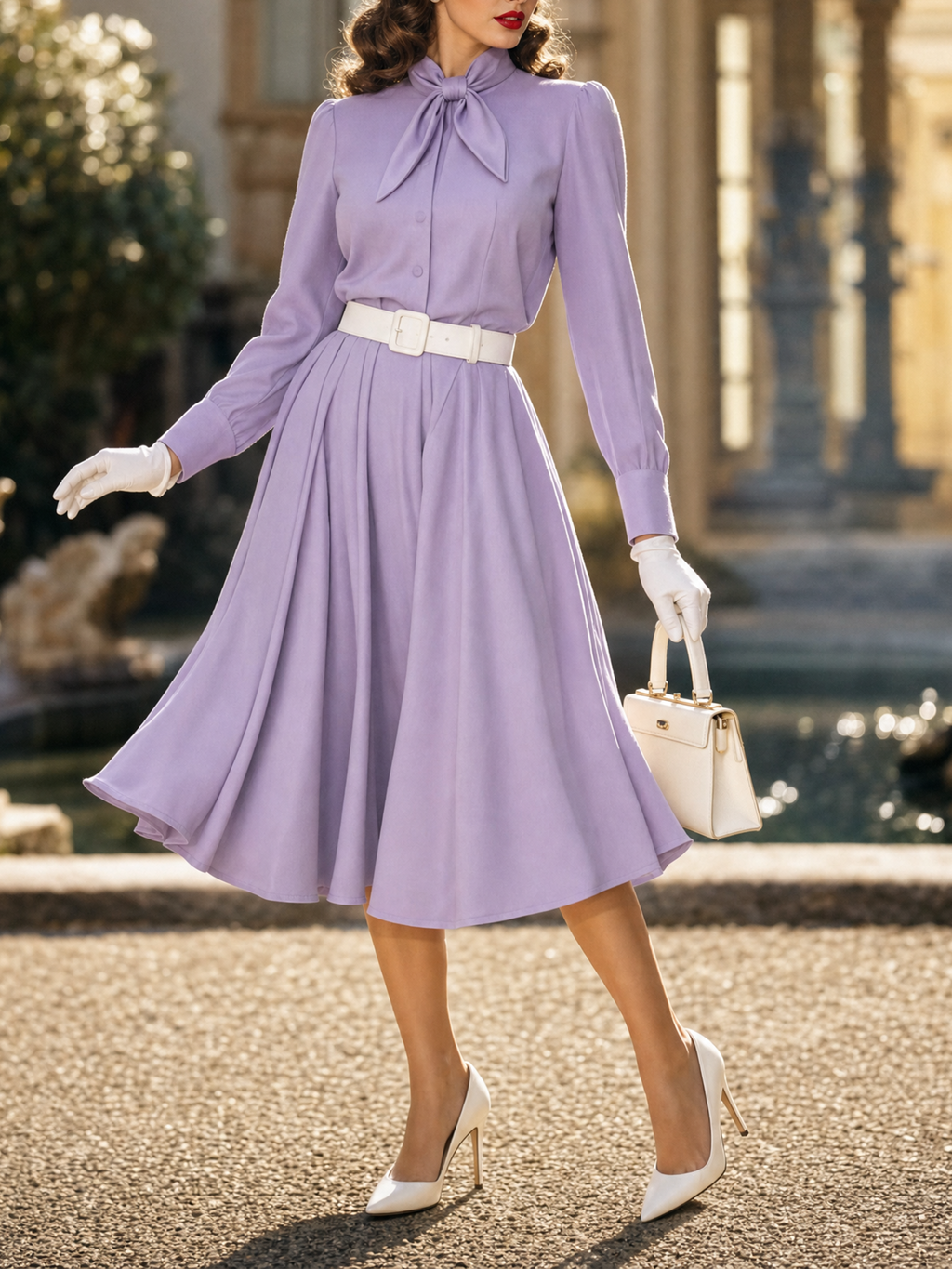 Vintage Lavender Bow Tie Neck Blouse & Full Midi Skirt