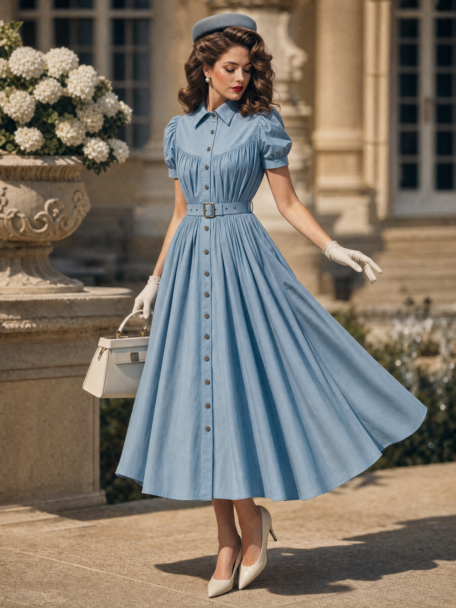 Vintage Blue Puff Sleeve Button Front Belted Shirt Midi Dress