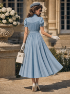 Vintage Blue Puff Sleeve Button Front Belted Shirt Midi Dress