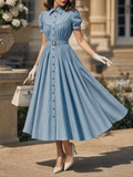 Vintage Blue Puff Sleeve Button Front Belted Shirt Midi Dress