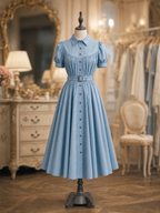 Vintage Blue Puff Sleeve Button Front Belted Shirt Midi Dress