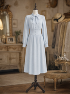 Vintage Light Blue Bow Neck Long Sleeve Waisted Midi Dress