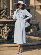 Vintage Light Blue Bow Neck Long Sleeve Waisted Midi Dress