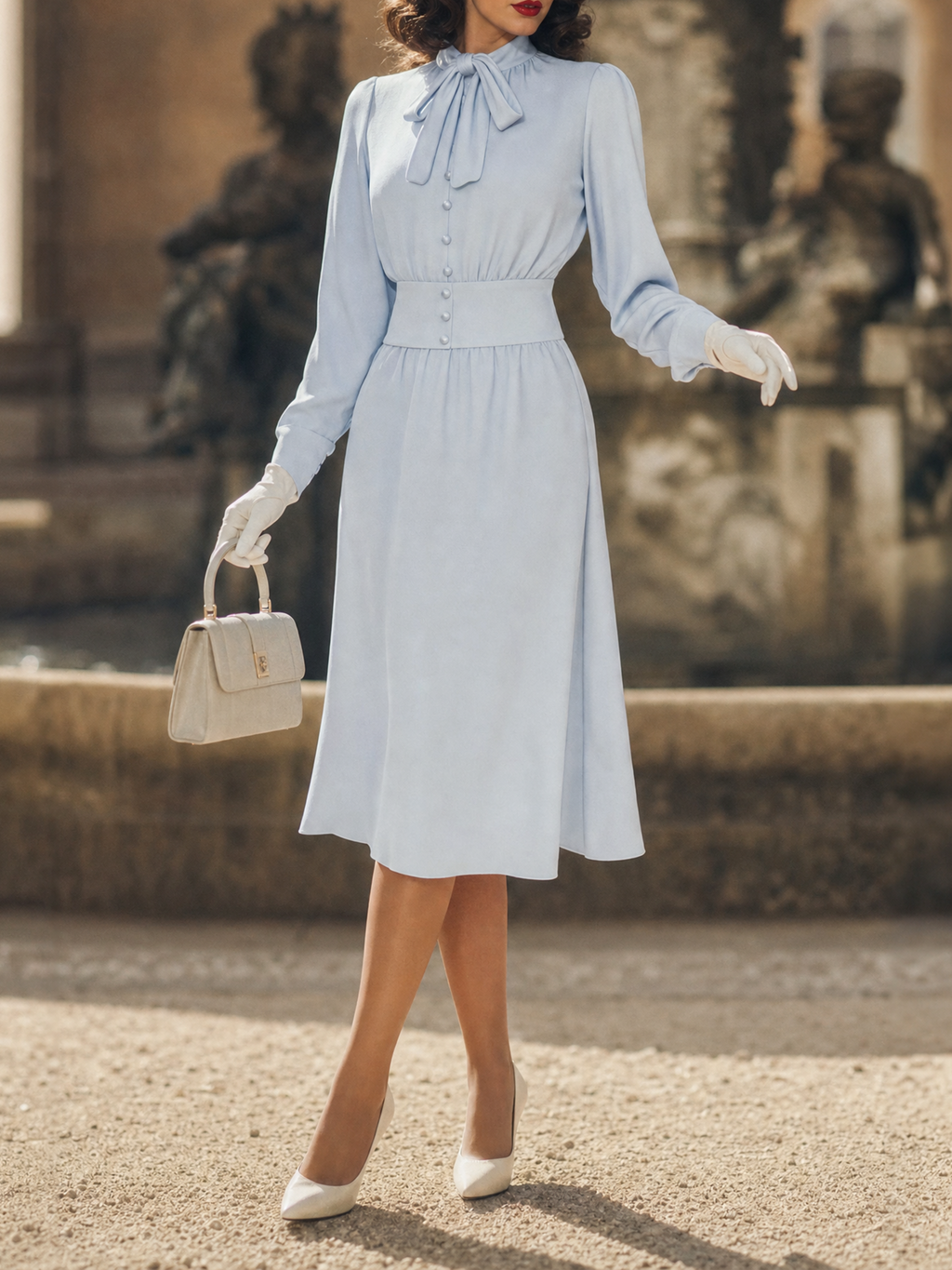 Vintage Light Blue Bow Neck Long Sleeve Waisted Midi Dress