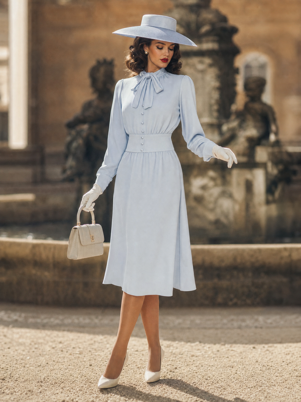Vintage Light Blue Bow Neck Long Sleeve Waisted Midi Dress