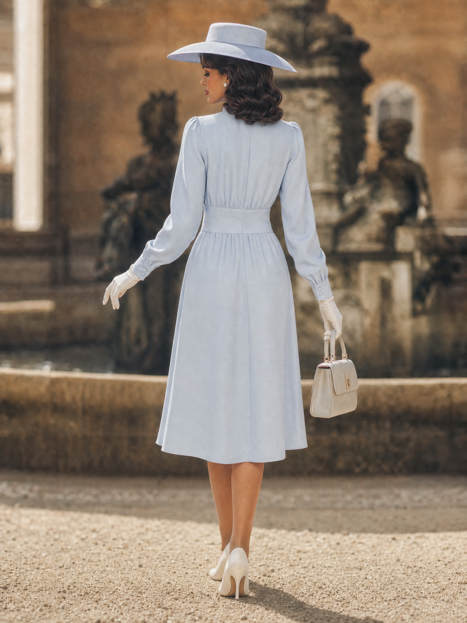 Vintage Light Blue Bow Neck Long Sleeve Waisted Midi Dress