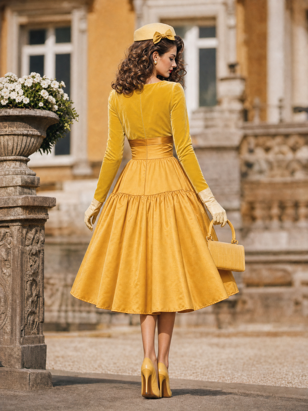 Vintage Mustard Velvet Satin Bow Waist Square Neck Swing Midi Dress