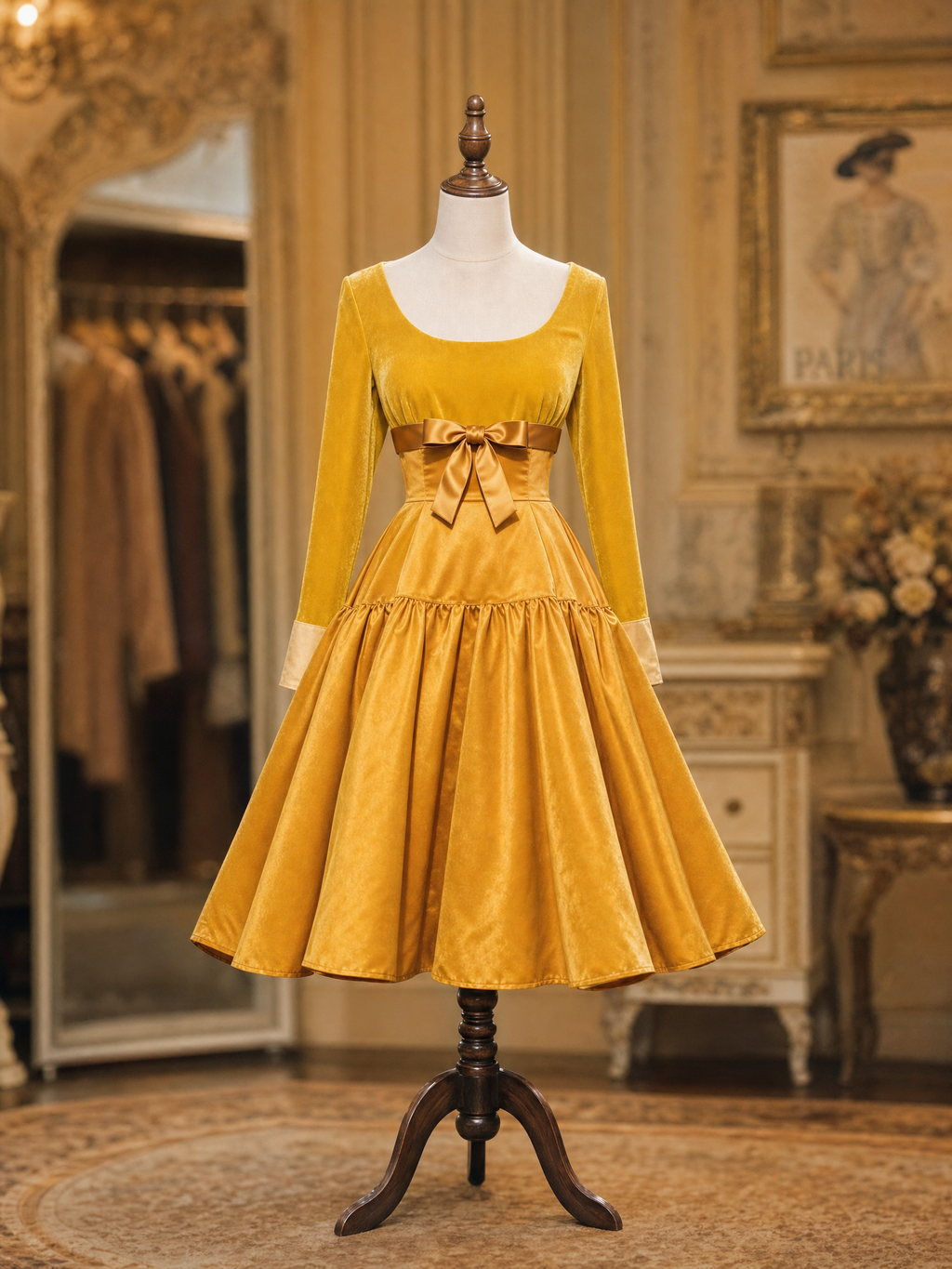 Vintage Mustard Velvet Satin Bow Waist Square Neck Swing Midi Dress