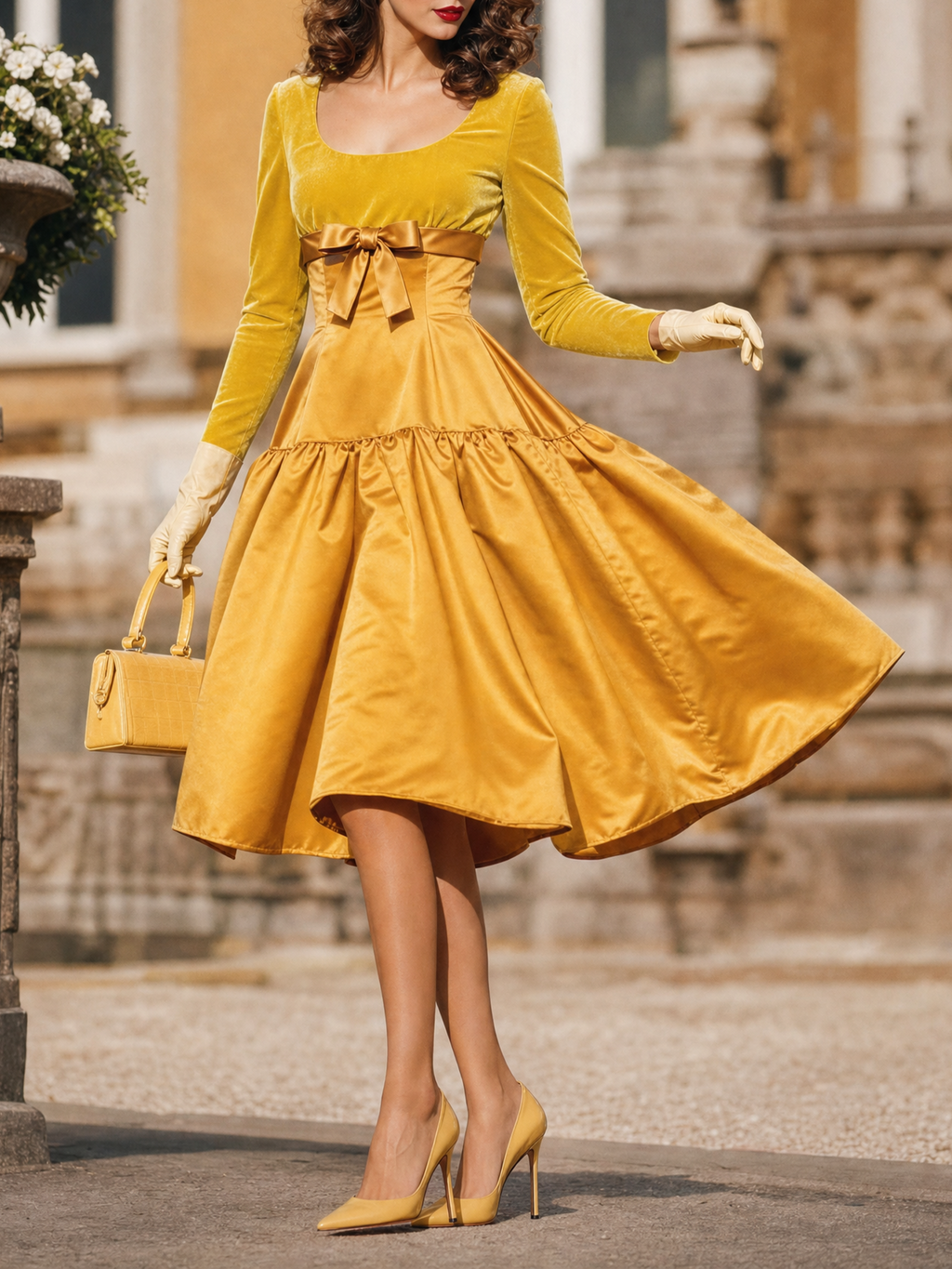 Vintage Mustard Velvet Satin Bow Waist Square Neck Swing Midi Dress
