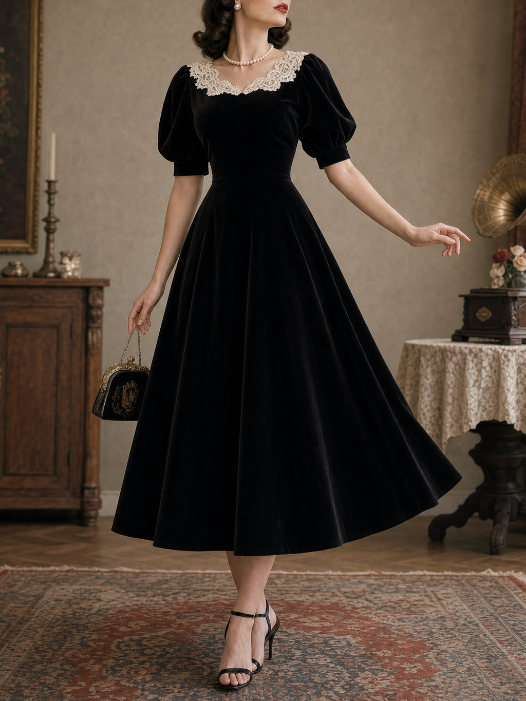 Vintage Velvet A-line Lace Neckline Midi Dress