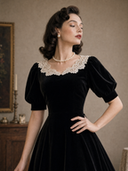 Vintage Velvet A-line Lace Neckline Midi Dress