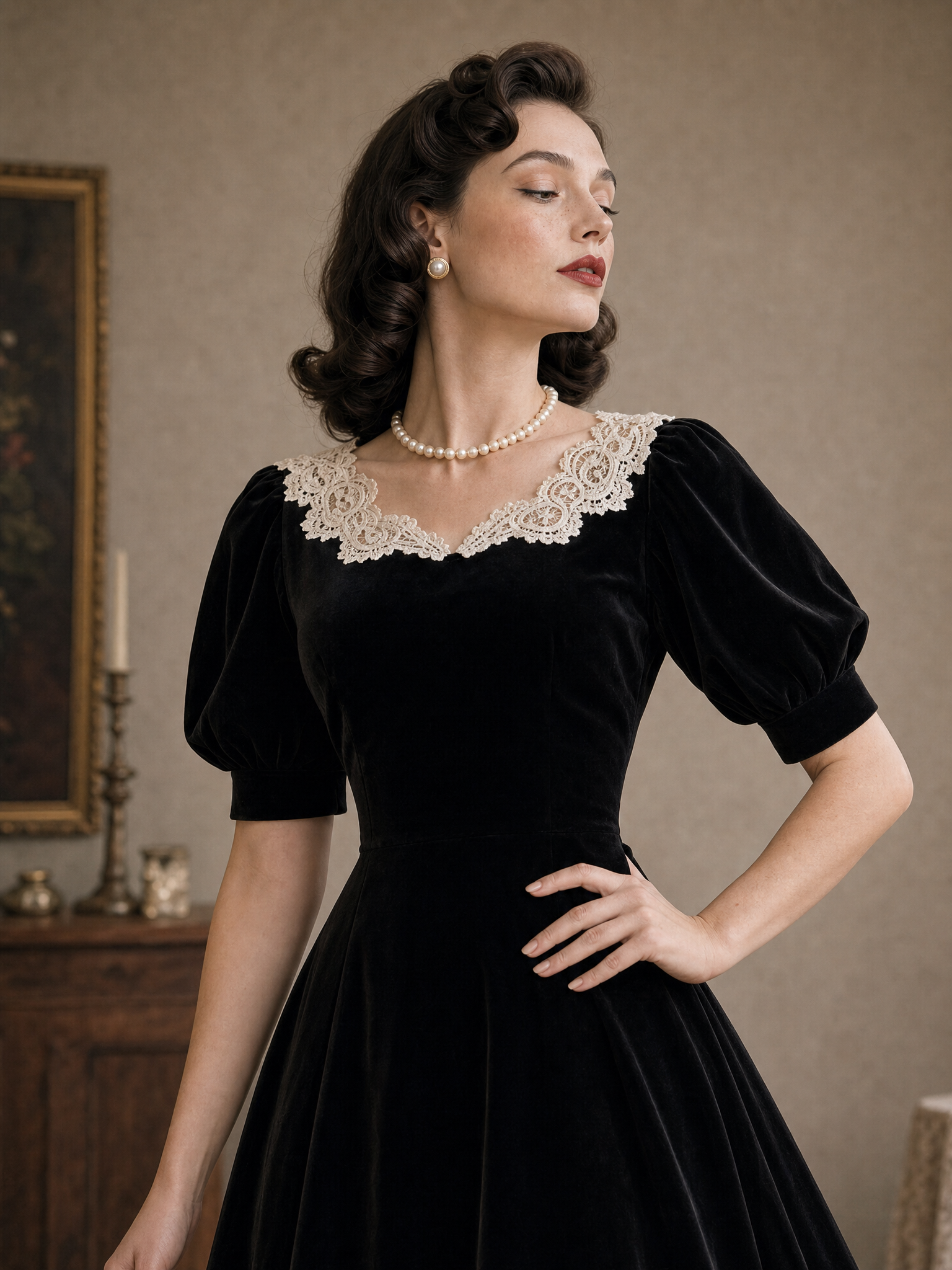 Vintage Velvet A-line Lace Neckline Midi Dress