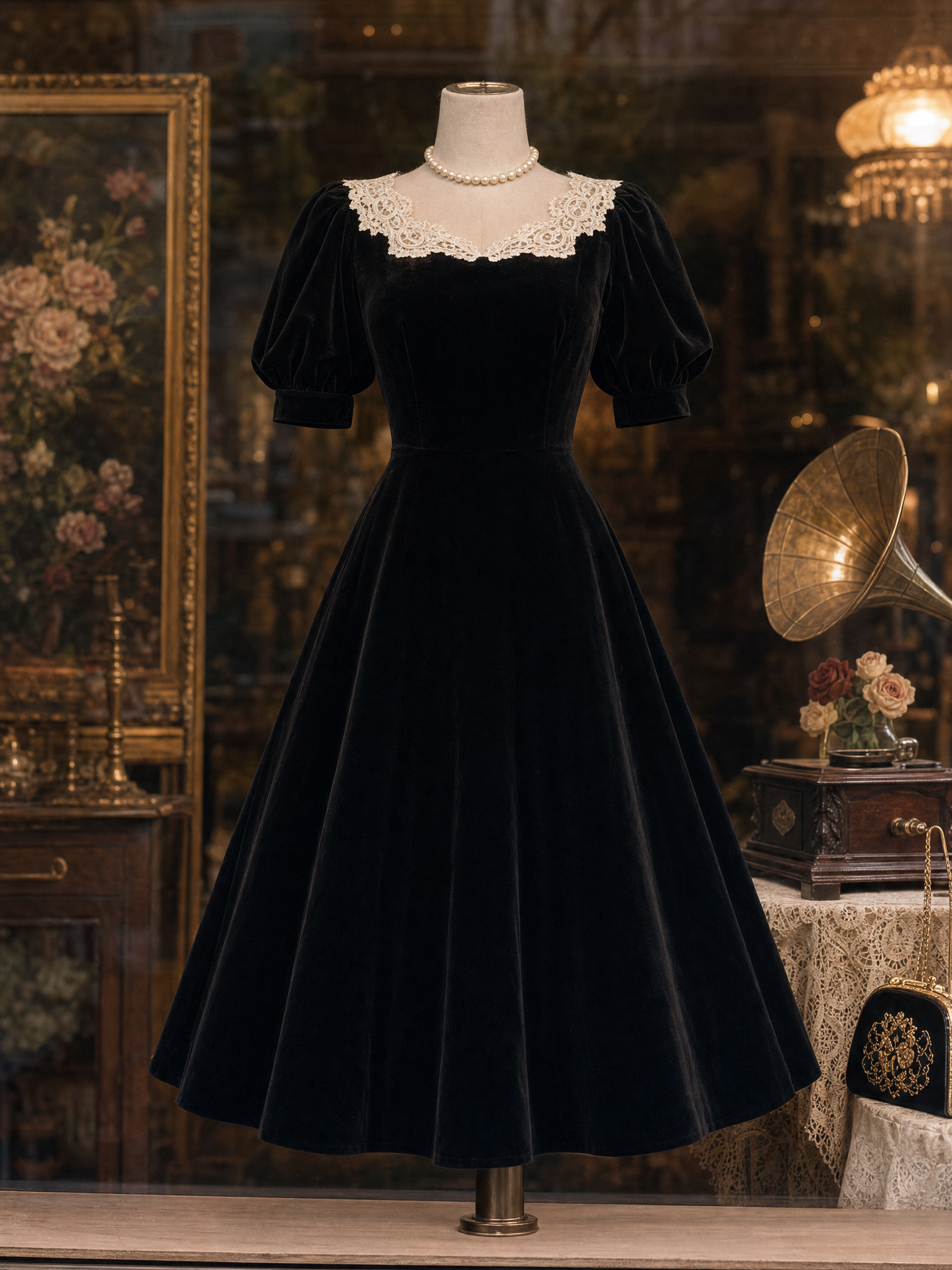 Vintage Velvet A-line Lace Neckline Midi Dress