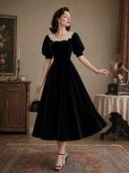 Vintage Velvet A-line Lace Neckline Midi Dress