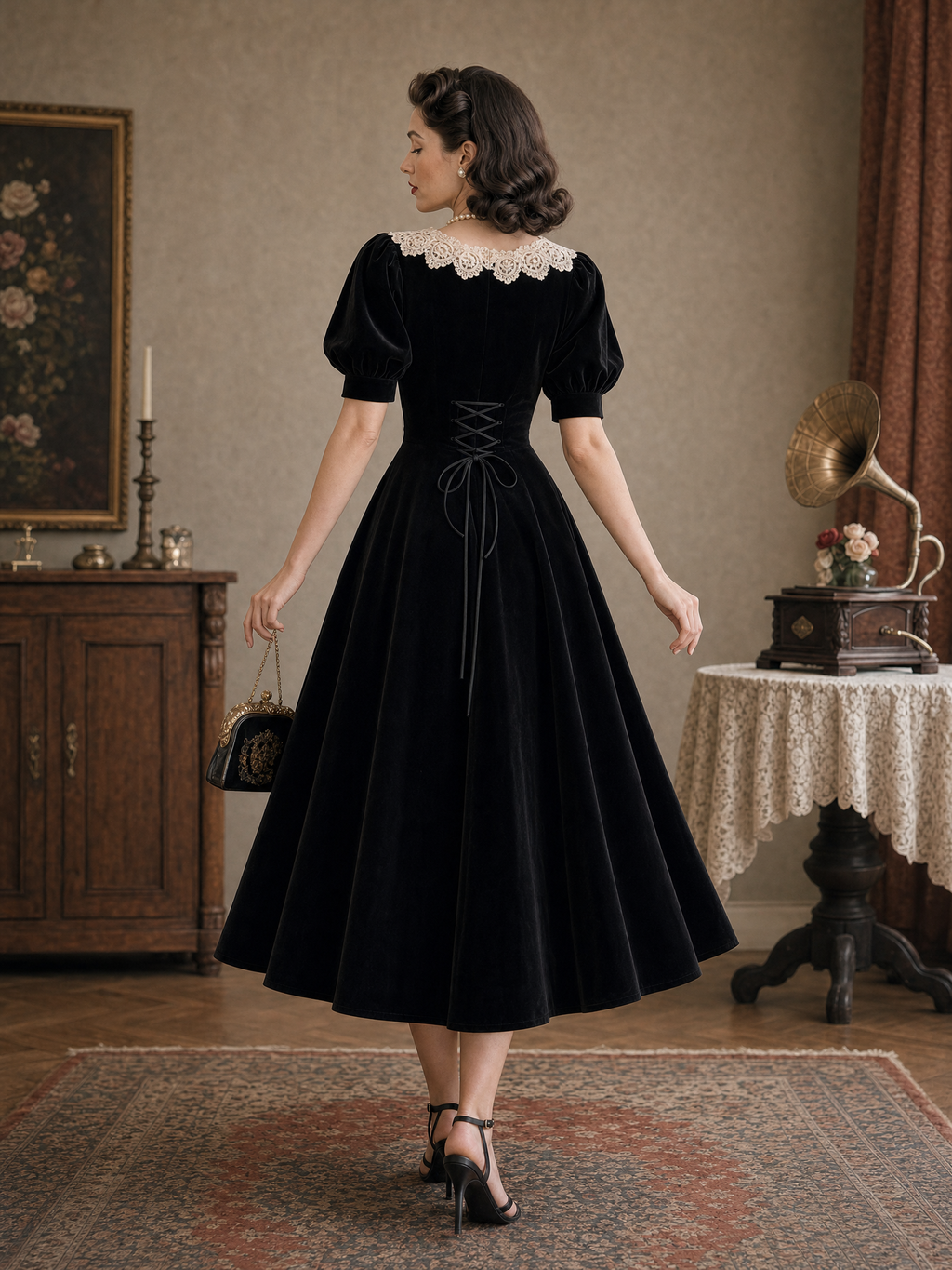 Vintage Velvet A-line Lace Neckline Midi Dress