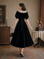 Vintage Velvet A-line Lace Neckline Midi Dress