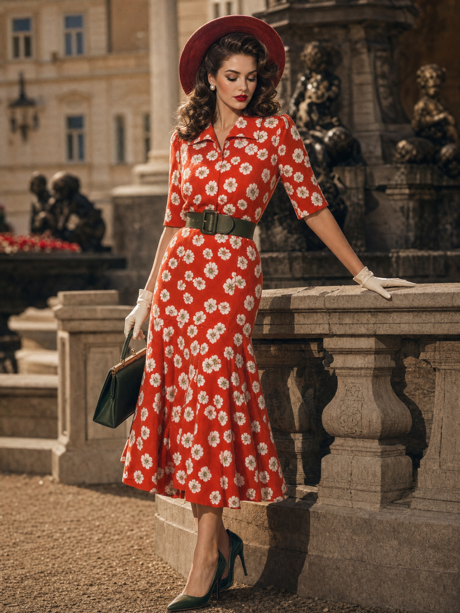 Vintage Red White Daisy Print Collared Belted Flare Midi Dress