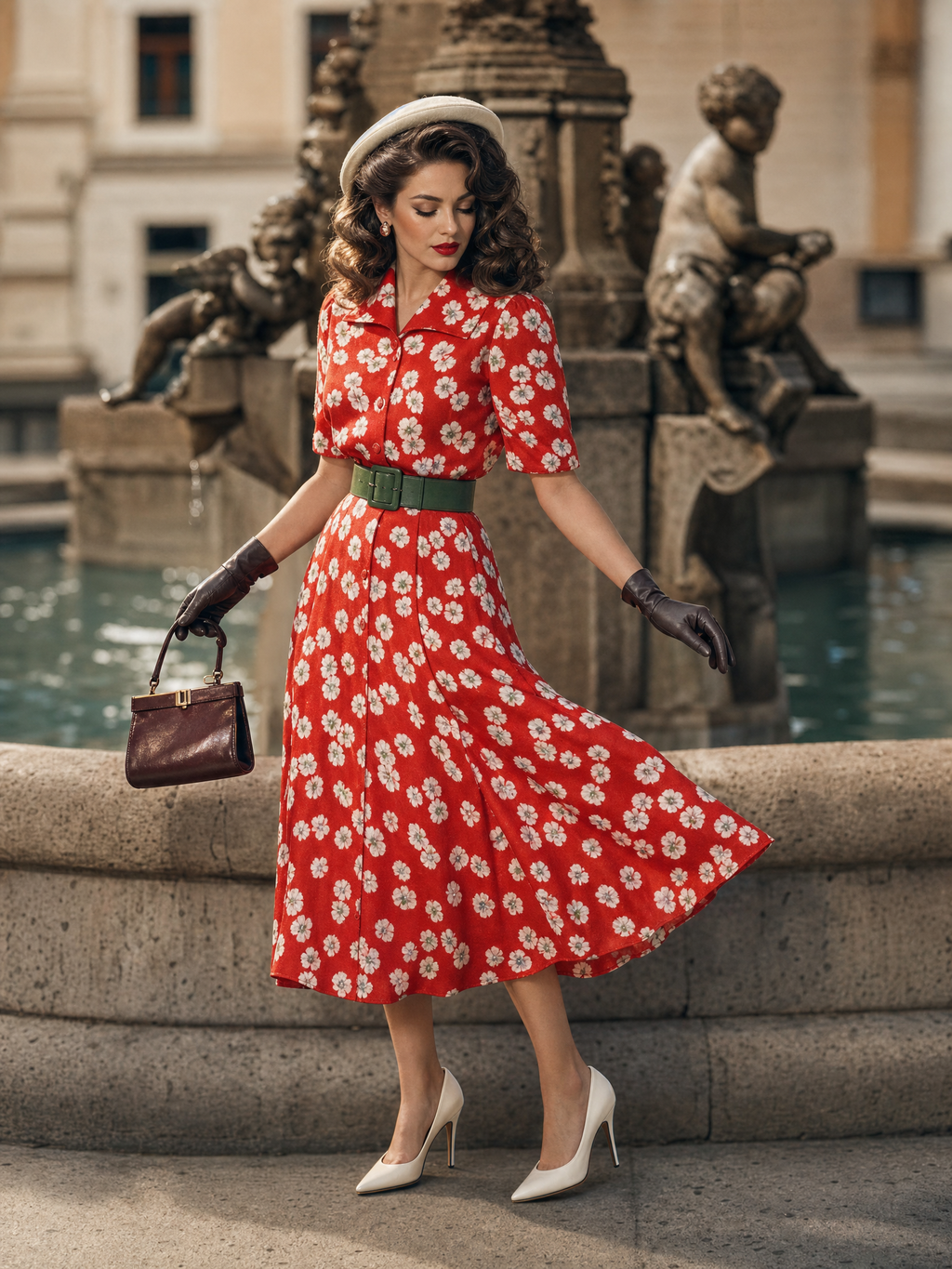 Vintage Red White Daisy Print Collared Belted Flare Midi Dress