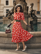 Vintage Red White Daisy Print Collared Belted Flare Midi Dress