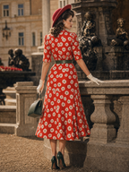 Vintage Red White Daisy Print Collared Belted Flare Midi Dress