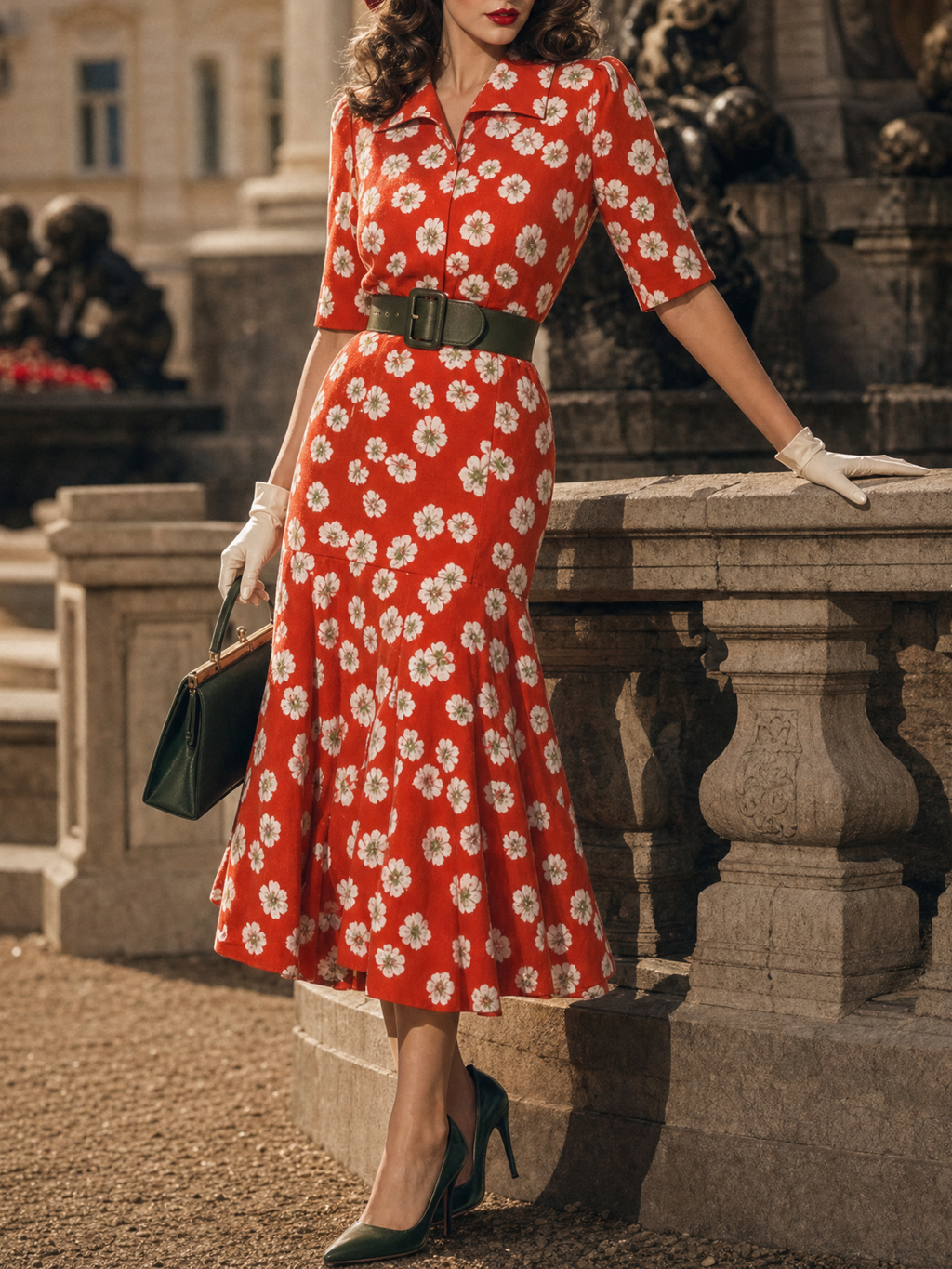 Vintage Red White Daisy Print Collared Belted Flare Midi Dress