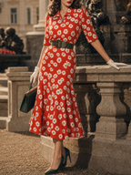 Vintage Red White Daisy Print Collared Belted Flare Midi Dress
