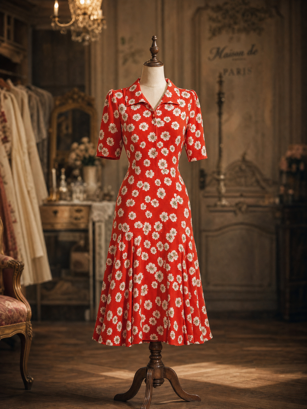 Vintage Red White Daisy Print Collared Belted Flare Midi Dress