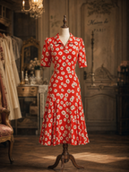 Vintage Red White Daisy Print Collared Belted Flare Midi Dress