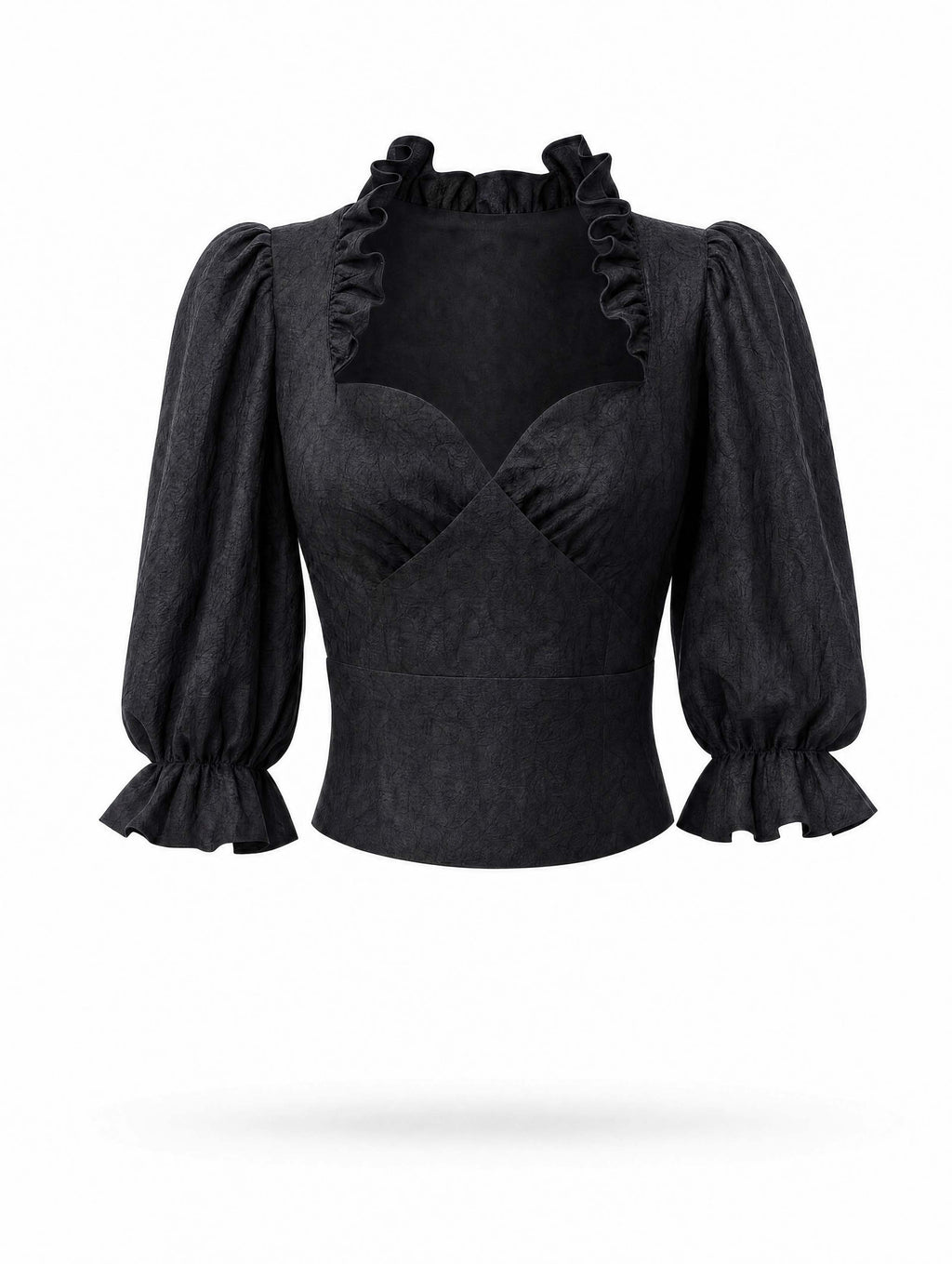 Vintage Ruffled Sweetheart Neck Puff 3/4 Sleeve Blouse