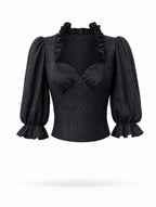 Vintage Ruffled Sweetheart Neck Puff 3/4 Sleeve Blouse