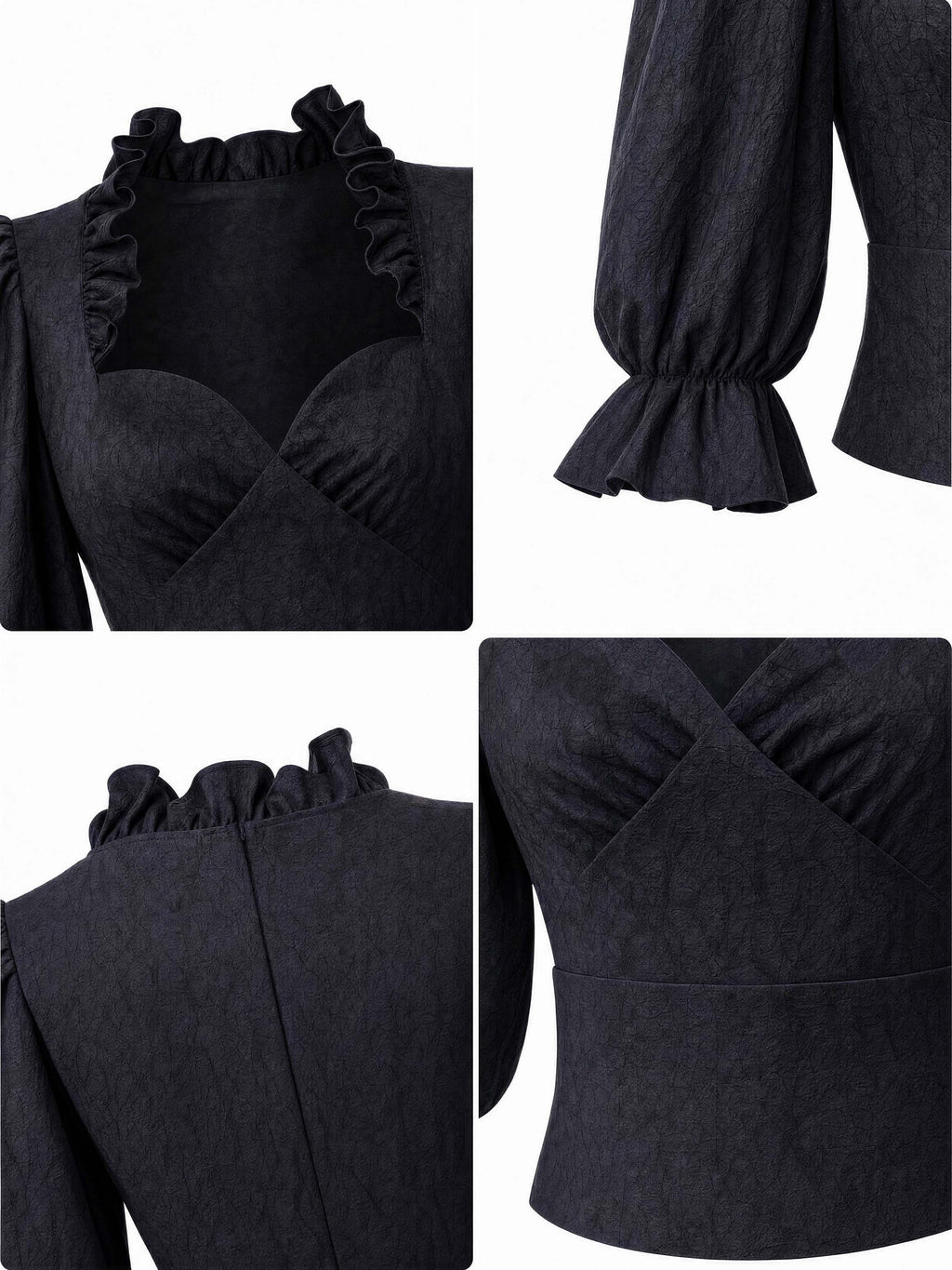 Vintage Ruffled Sweetheart Neck Puff 3/4 Sleeve Blouse