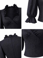 Vintage Ruffled Sweetheart Neck Puff 3/4 Sleeve Blouse