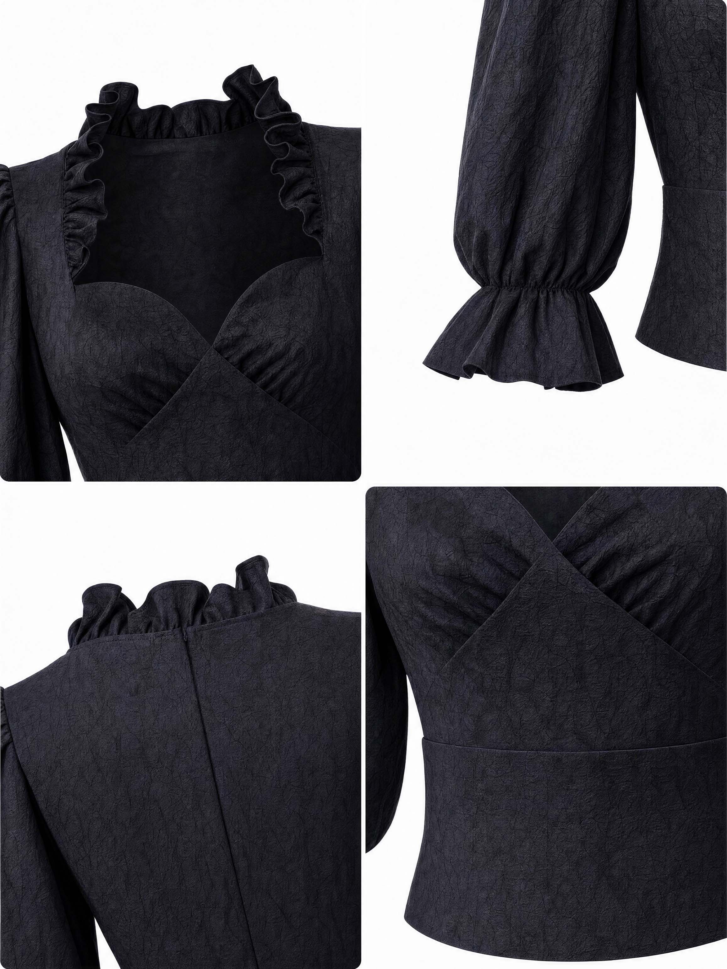 Vintage Ruffled Sweetheart Neck Puff 3/4 Sleeve Blouse