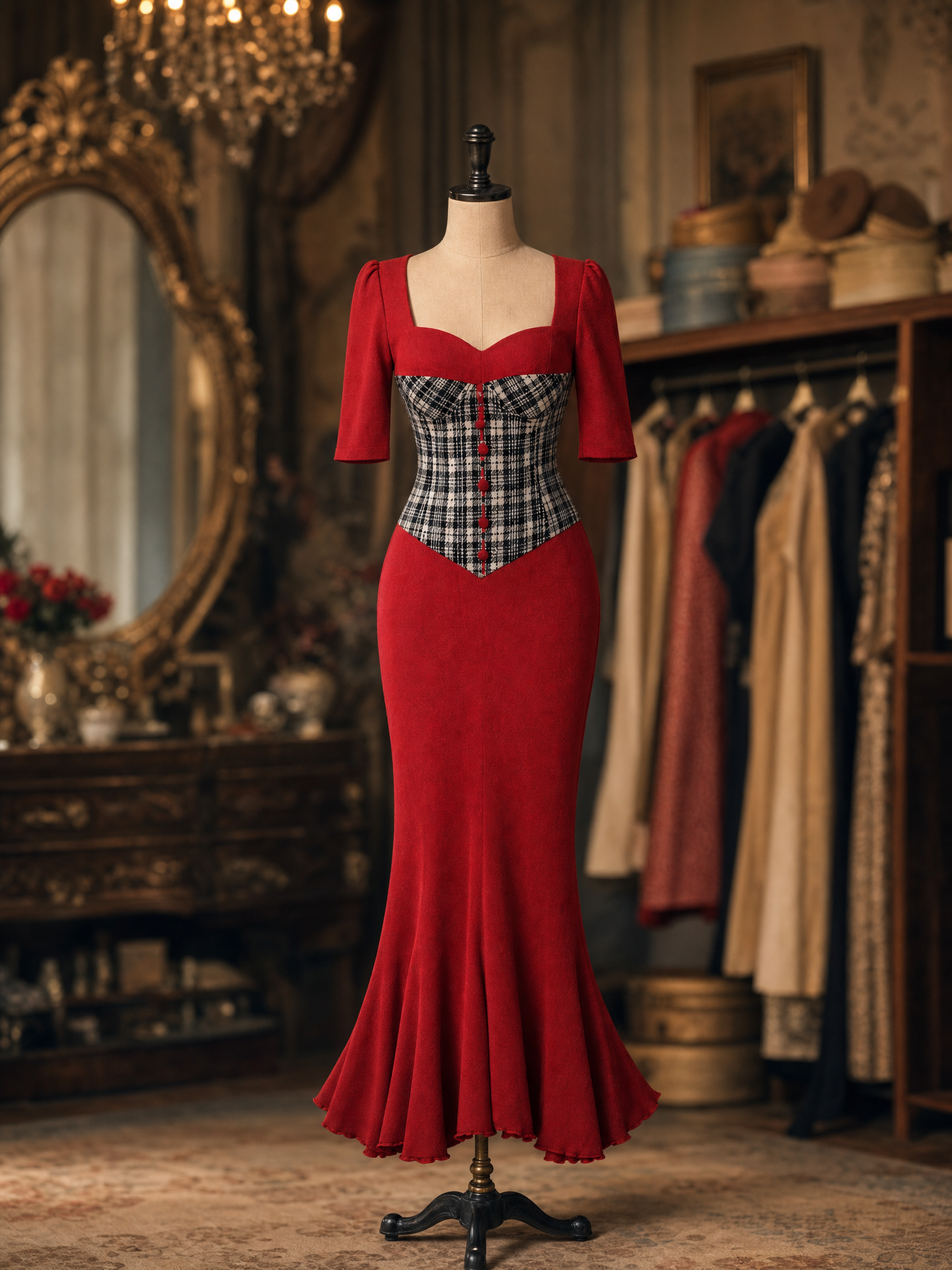 Vintage Plaid Corset Patchwork Red Mermaid Maxi Dress