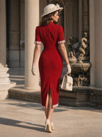 Vintage Hepburn Red Daisy Embroidered Bodycon Midi Dress