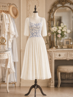 Vintage Sweet Square Neck Blue Floral Waisted Swing Midi Dress